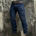 Close-up of men's navy tactical cargo pants featuring pleated knee design and pockets. - 3XL / Bottoms / Navy Blue