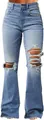 Close-up detail of vintage blue ripped flare jeans featuring high waist and frayed hem edges - S / Bottoms / Blue (FZ15753)