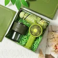 Green themed gift box set with glass cup, folding umbrella and mini fan - Glass Cup And Sun Umbrella And Mini Fan / Gift Box / Green