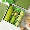 Green practical gift set with vacuum bottle, small fan and folding umbrella in elegant box - Thermos Flask And Sun Umbrella And Mini Fan / Gift Box / Green