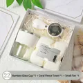 Coffret cadeau avec tasse en verre, serviette en molleton et mini ventilateur - Gobelet en verre + Serviette polaire corail + Mini ventilateur / Boîte cadeau / Blanc