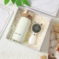 Coffret cadeau avec thermos vert clair et mini ventilateur renne blanc dans boîte marbre - Gourde Isotherme Et Mini Ventilateur / Boîte cadeau / Blanc