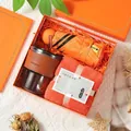 Coffret cadeau premium orange avec parasol, gobelet en verre et serviette en corail - Gobelet en Verre + Parapluie Solaire + Serviette Polaire Corail / Boîte cadeau / Orange