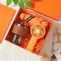 Coffret cadeau d'été orange comprenant un gobelet en verre, un parasol et un mini ventilateur - Gobelet en Verre + Mini Ventilateur + Parapluie Solaire / Boîte cadeau / Orange