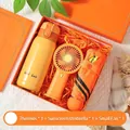Coffret cadeau orange avec bouteille isotherme, ventilateur et parasol pliant - Gourde Isotherme + Mini Ventilateur + Parapluie Solaire / Boîte cadeau / Orange