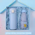 Élégant coffret cadeau bleu clair comprenant un thermos et un parapluie de protection UV - Gourde Isotherme + Parapluie (L2) / Boîte cadeau / Bleu