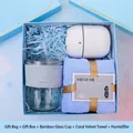 Coffret cadeau comprenant un gobelet en verre, une serviette et un humidificateur - Gobelet en Verre Bambou Et Serviette Et Humidificateur (L6) / Boîte cadeau / Bleu