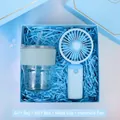 Coffret cadeau bleu avec tasse en verre et ventilateur portatif dans une boîte élégante - Gobelet Paille en Verre + Ventilateur à Main (L12) / Boîte cadeau / Bleu