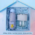 Coffret cadeau bleu premium avec parapluie pliant et gobelet en verre dans sa boîte - Parapluie à Cinq Plis + Gobelet en Verre Bambou (L13) / Boîte cadeau / Bleu