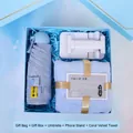 Coffret cadeau bleu complet avec parapluie, support de téléphone et serviette en polaire - Parapluie Solaire + Support Pliable + Serviette Absorbante (L18) / Boîte cadeau / Bleu