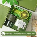 Green gift set featuring bamboo glass cup, coral fleece towel and mini handheld fan - Glass Cup And Coral Fleece Towel And Mini Fan / Gift Box / Green