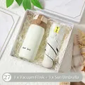 Coffret cadeau avec un thermos crème et un parasol assorti dans une boîte - Gourde Isotherme Et Parapluie Solaire / Boîte cadeau / Blanc