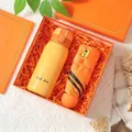 Coffret cadeau orange de qualité avec thermos jaune et parapluie compact anti-soleil - Gourde Isotherme Et Parapluie Solaire / Boîte cadeau / Orange