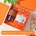 Coffret cadeau d'affaires avec tasse en verre, étui en cuir et serviette en polaire - Gobelet en Verre Et Serviette Polaire Corail / Boîte cadeau / Orange