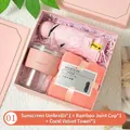 Coffret cadeau rose élégant avec parasol UV, tasse en verre et serviette en polaire - Gobelet en Verre Et Serviette Polaire Corail Et Parapluie / Boîte cadeau / Rose