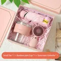 Coffret cadeau rose comprenant mini ventilateur, tasse en verre et parapluie UV - Gobelet en Verre + Mini Ventilateur + Parapluie Solaire / Boîte cadeau / Rose