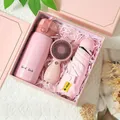 Coffret cadeau rose pratique avec mini ventilateur, thermos et parasol soleil - Gourde Isotherme + Mini Ventilateur + Parapluie Solaire / Boîte cadeau / Rose