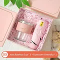 Élégant coffret cadeau rose avec une tasse en verre, étui en cuir et un parasol pliable - Gobelet en Verre Et Parapluie Solaire / Boîte cadeau / Rose