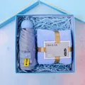 Coffret cadeau pratique avec parapluie violet clair et serviette en polaire corail en boîte bleue - Parapluie + Serviette Polaire Corail (L14) / Boîte cadeau / Violet