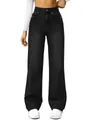 High-waisted black straight-leg stretch denim jeans for women, full-length fit description. - XS / Bottoms / Black