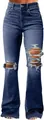 Close-up view of vintage blue ripped flare jeans featuring high-waisted distressed denim - S / Bottoms / Dark Blue (FZ15753)