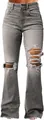 Close-up of women's vintage grey ripped flare jeans showing distressed knee details. - S / Bottoms / Light Gray (FZ15753)