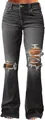 Detail view of distressed dark grey flare jeans with ripped knees and raw hem - S / Bottoms / Gray (FZ15753)