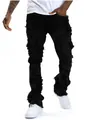 Detail view of men's black distressed flared jeans with fringe and ripped accents - S / Bottom (8938) / Black