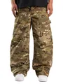 Detail view of men's loose fit camouflage cargo pants featuring durable ripstop fabric. - S / Army Green Camo