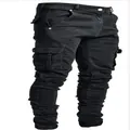 Men's slim fit cargo jeans in black denim with side pockets and stacked hem. - S / Bottoms / Black