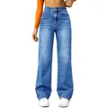 Women's high waisted light blue washed stretch straight leg denim jeans variant - L / Bottoms / Blue