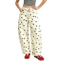 Detailed view of women's loose curved jeans with blue polka dots on off-white denim - 2XL / Bottoms / Blue