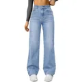 Premium high-waisted women's stretch straight-leg denim jeans in light blue wash - Light Blue