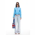 Street style light blue wide-leg jeans with unique multi-button detail for women - M / Bottoms / Light Blue