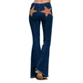 Women's high-waisted dark blue flared jeans with brown star patchwork and frayed hems - S / Bottoms / Dark Blue