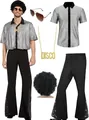 Complete 70s men's disco costume set with shiny shirt flared pants wig and gold necklace - S / Set / Silver