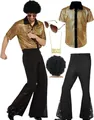 Full 70s men's disco outfit set with gold sequin shirt, flare pants, wig, and accessories. - S / Set / Gold