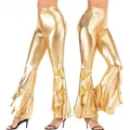 Pantalon évasé doré métallisé sexy avec détails de volants pour la scène et le club - S / Bas / Or
