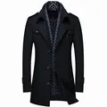 Detailed view of navy blue men's wool coat featuring a patterned scarf collar - 170/M / Tops / Black