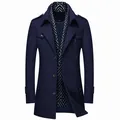 Mid-length men's wool pea coat in navy blue with a geometric patterned scarf collar - 170/M / Tops / Navy Blue