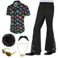 Men's 1970s Disco outfit set featuring patterned shirt, flare pants, afro wig and gold glasses. - 3XL / Top And Bottom / Colorful Rings