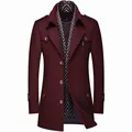 Detailed view of burgundy mens wool trench coat featuring a stylish patterned scarf collar - 170/M / Tops / Burgundy
