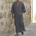 Detail view of a men's long grey cotton linen robe with pocket and V-neckline - S / Robe / Hoodie Pocket Style / Gray