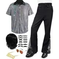 Men's 1970s disco costume set with silver sequin shirt, flared pants, and accessories - S / Top And Bottom / 6-Piece Set / Silver
