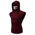 Casual men's burgundy sleeveless hoodie featuring an integrated skull print face mask detail - M / Tops / Burgundy