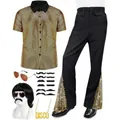 70s men's gold sequin disco costume performance set with wig and mustache accessories - S / Top And Bottom / 6-Piece Set / Gold