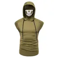 Detail view of men's olive sleeveless hoodie with integrated skull print face mask - M / Tops / Army Green