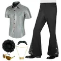 70s retro disco costume set for men with shiny shirt flare pants wig and accessories - S / Top And Bottom / Silver