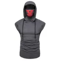 Detailed close-up of a grey hooded short-sleeved T-shirt with a red skull face mask design - M / Tops / Dark Gray