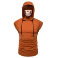 Close-up of men's sleeveless orange hoodie featuring integrated skull face mask - M / Tops / Orange
